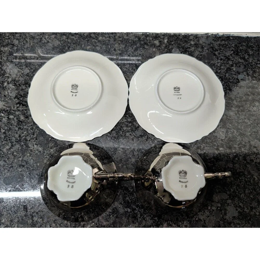 Vintage Bavaria Porcelain Silver White Germany 2 demitasse cups saucers